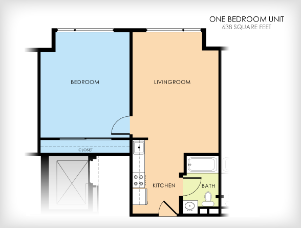 Floor plan for 1 bed, 1 bath, 638 sqft