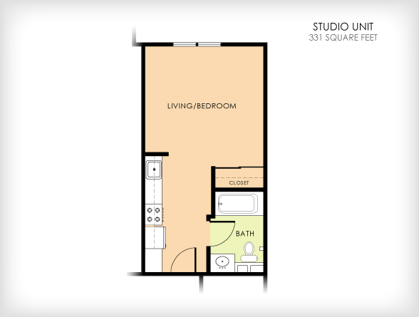 Floor plan for studio, 1 bath, 400 sqft