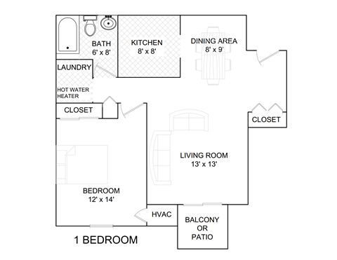 Floor plan for 2 beds, 1 bath, 950 sqft