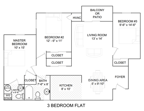 Floor plan for 3 beds, 1.5 baths, 1130 sqft