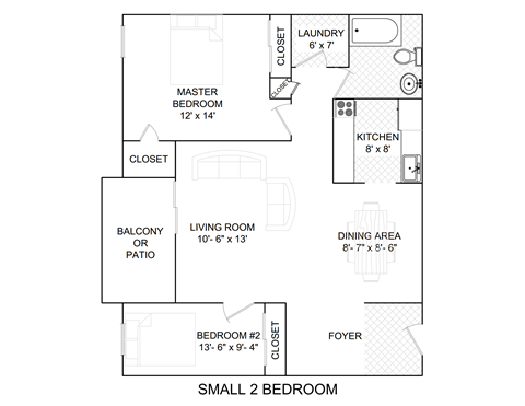 Floor plan for 2 beds, 1 bath, 885 sqft