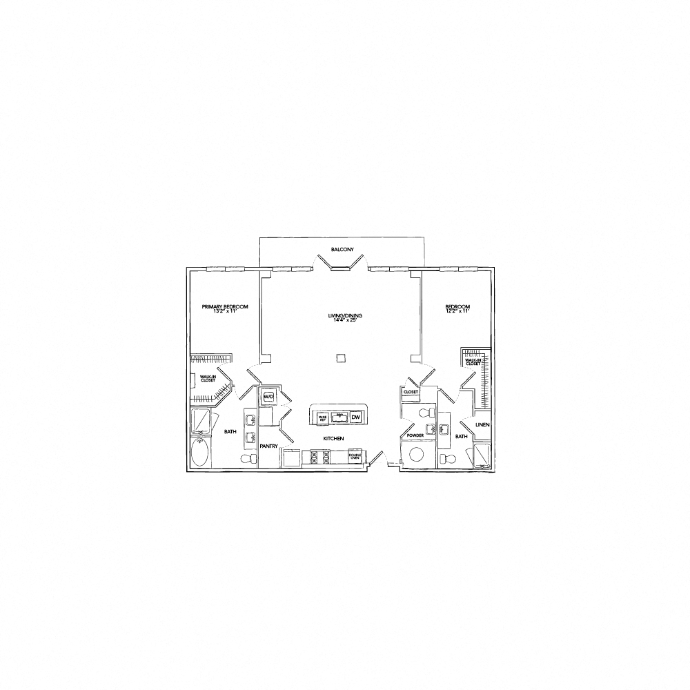 Floor plan for 2 beds, 2.5 baths, 1582 sqft