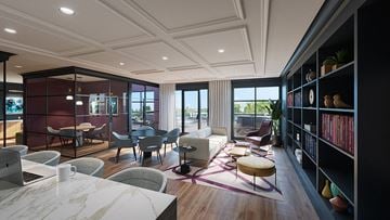 Houston apartment for rent - A modern living room with a marble table and grey chairs.