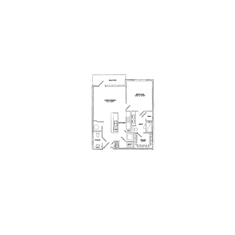 Floor plan for 1 bed, 1.5 baths, 942 sqft