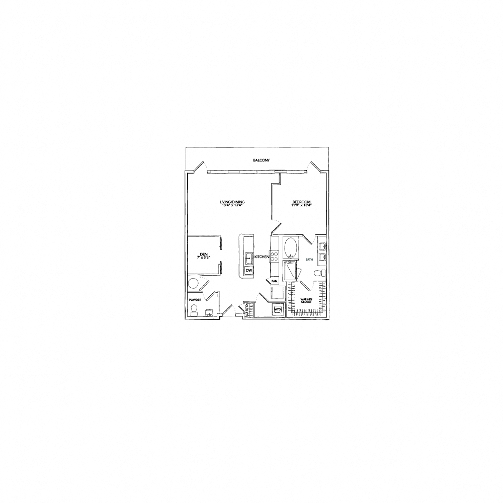 Floor plan for 1 bed, 1.5 baths, 1014 sqft