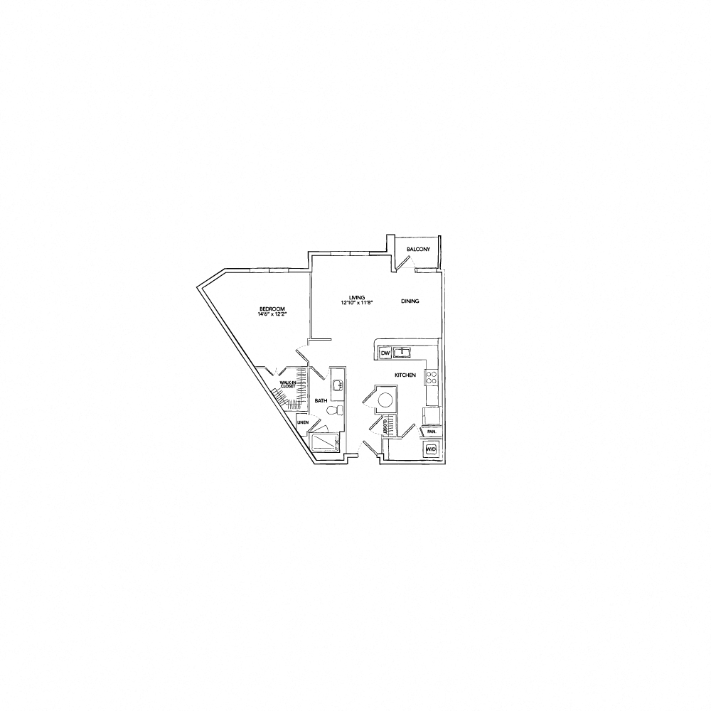 Floor plan for 1 bed, 1 bath, 906 sqft