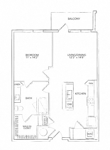 Floor plan for 1 bed, 1 bath, 788 sqft