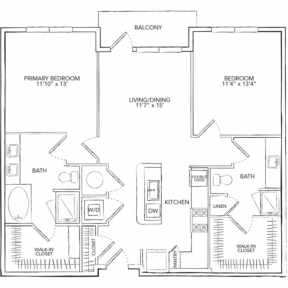 Floor plan for 2 beds, 2 baths, 1162 sqft