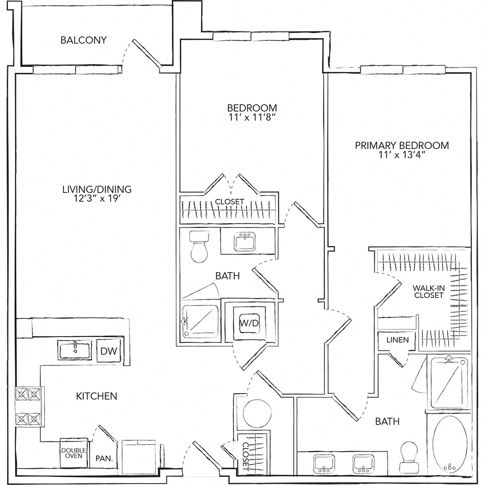 Floor plan for 2 beds, 2 baths, 1200 sqft