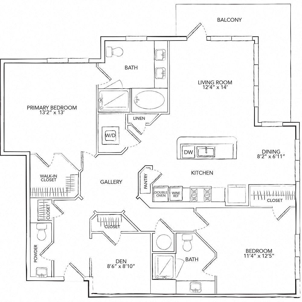 Floor plan for 2 beds, 2.5 baths, 1441 sqft