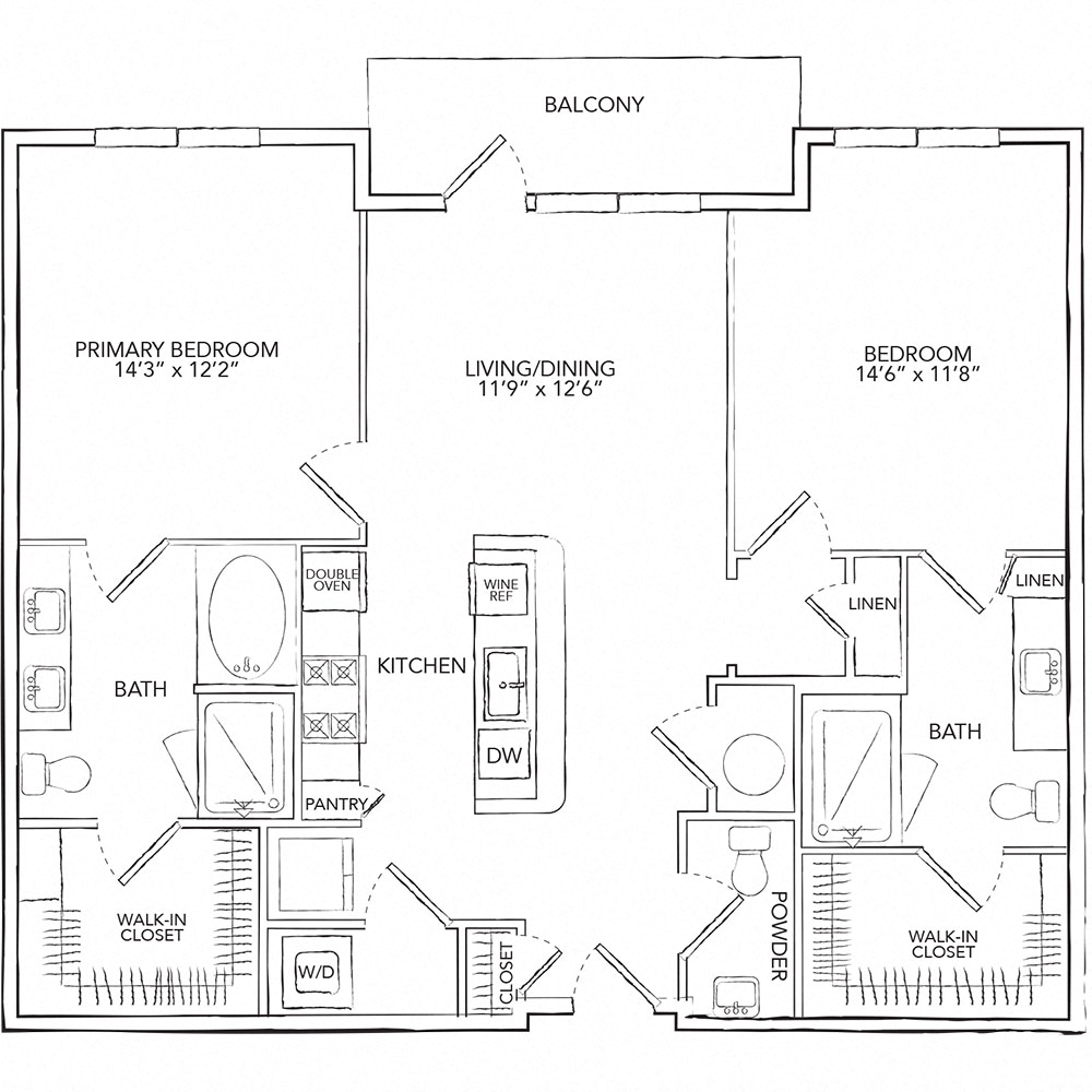 Floor plan for 2 beds, 2.5 baths, 1203 sqft