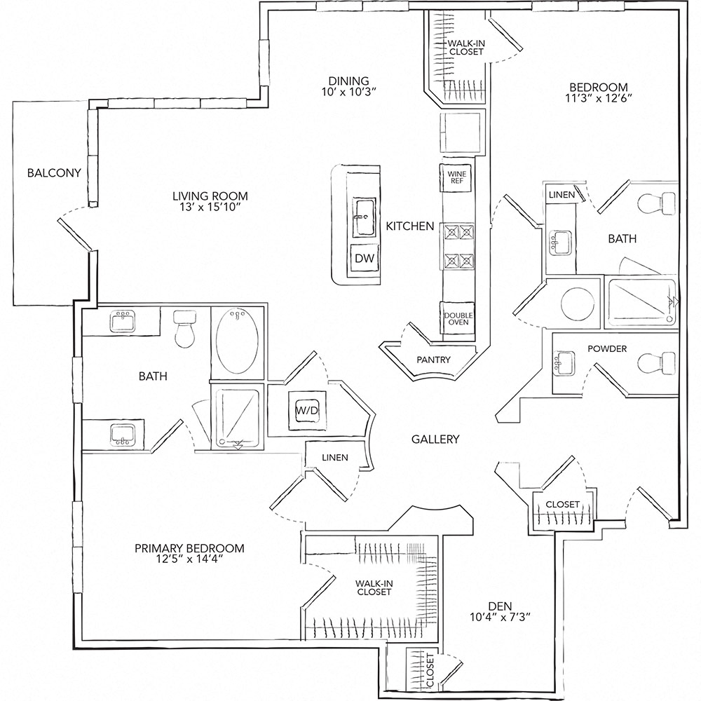 Floor plan for 2 beds, 2.5 baths, 1651 sqft
