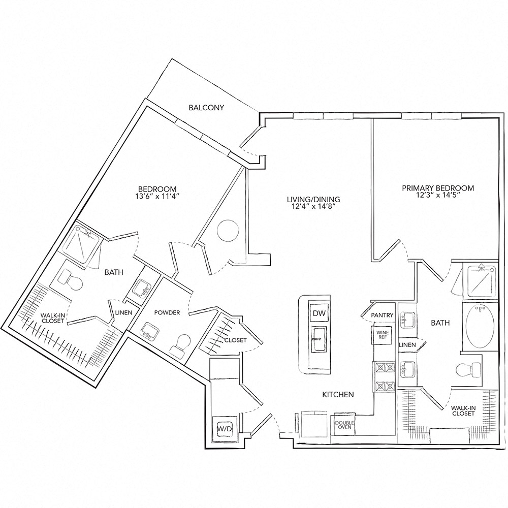 Floor plan for 2 beds, 2.5 baths, 1359 sqft