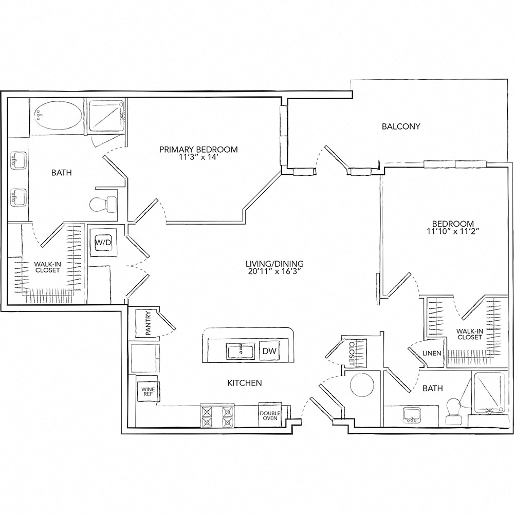 Floor plan for 2 beds, 2 baths, 1199 sqft