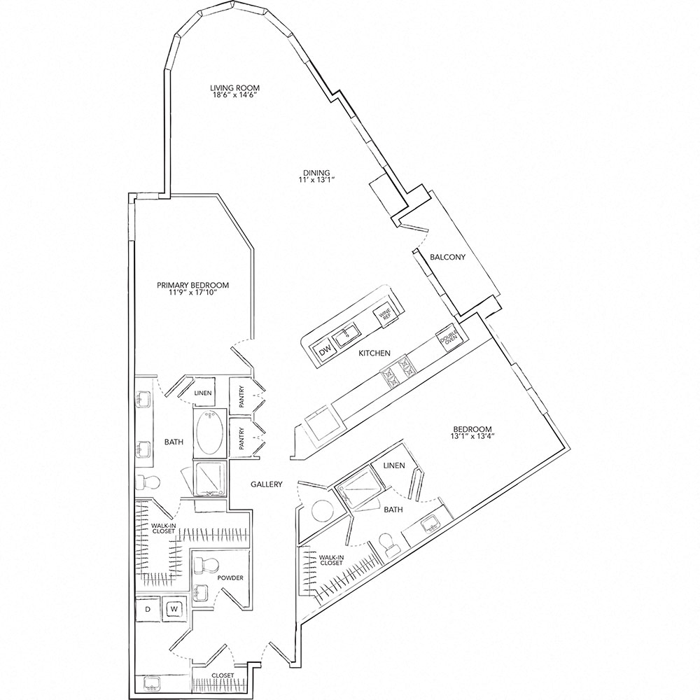 Floor plan for 2 beds, 2.5 baths, 1931 sqft