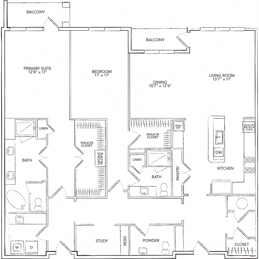 Floor plan for 2 beds, 2.5 baths, 2218 sqft