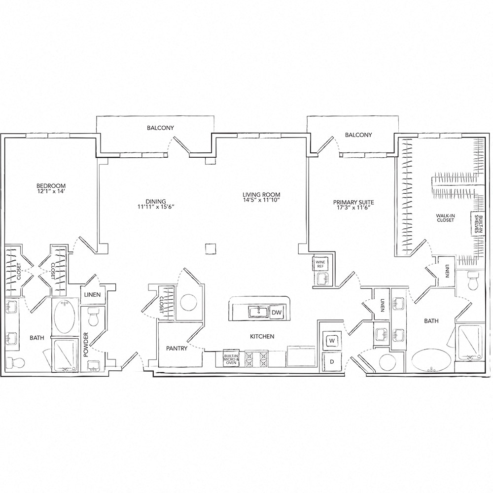 Floor plan for 2 beds, 2.5 baths, 2053 sqft