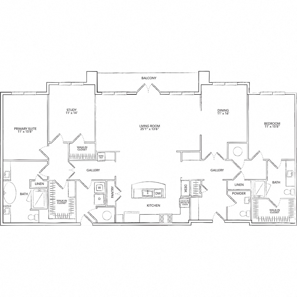 Floor plan for 2 beds, 2.5 baths, 2397 sqft