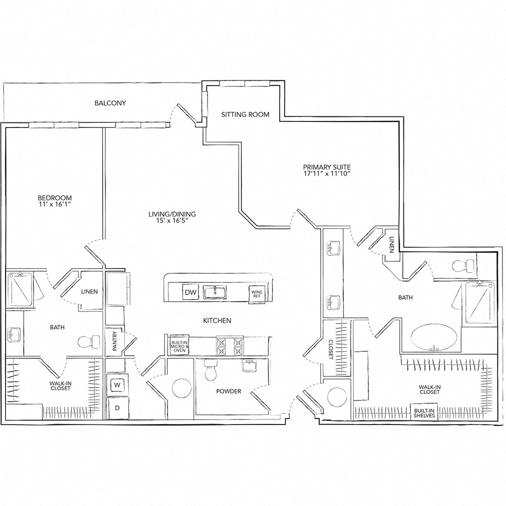 Floor plan for 2 beds, 2.5 baths, 1859 sqft