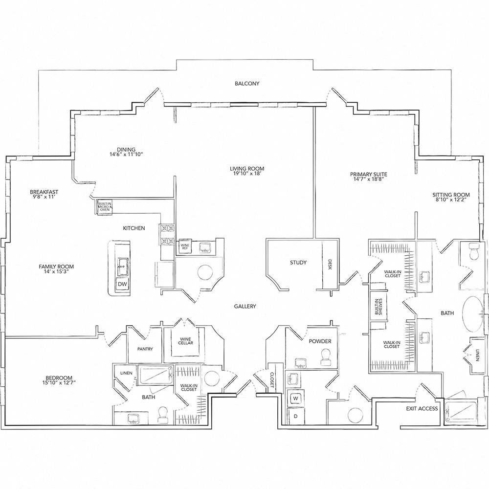 Floor plan for 2 beds, 2.5 baths, 3202 sqft