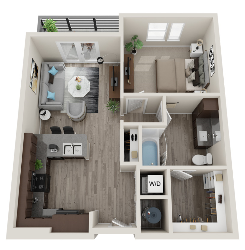 Floor plan for 1 bed, 1 bath, 761 sqft