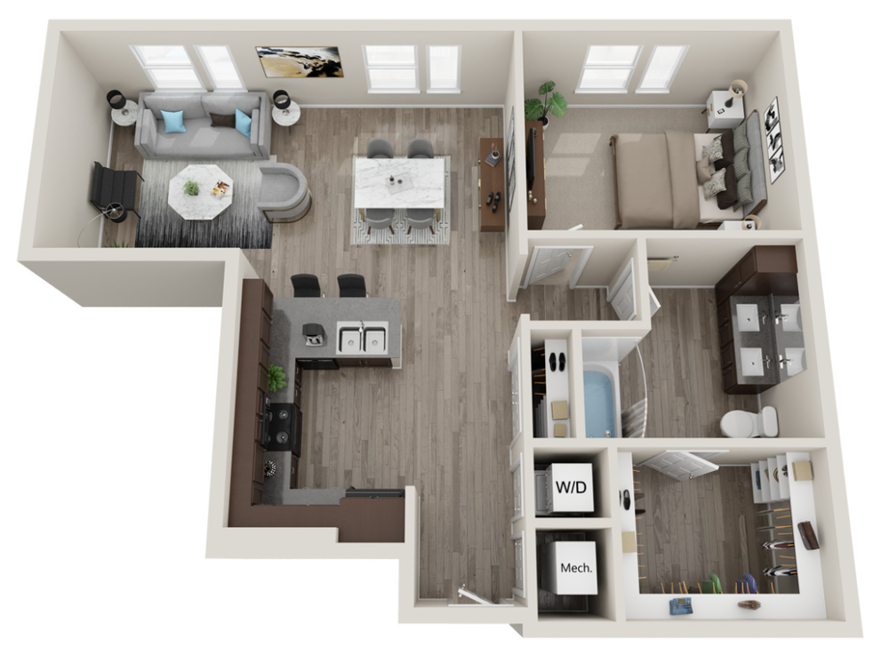 Floor plan for 1 bed, 1 bath, 972 sqft
