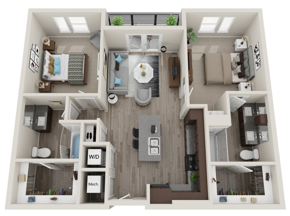 Floor plan for 2 beds, 2 baths, 1048 sqft