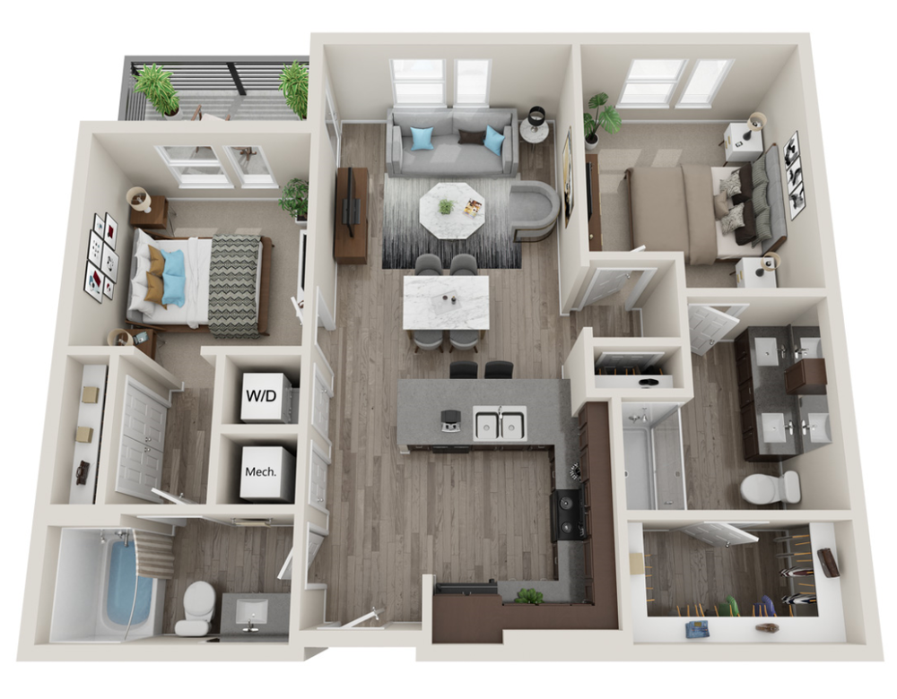 Floor plan for 2 beds, 2 baths, 1060 sqft