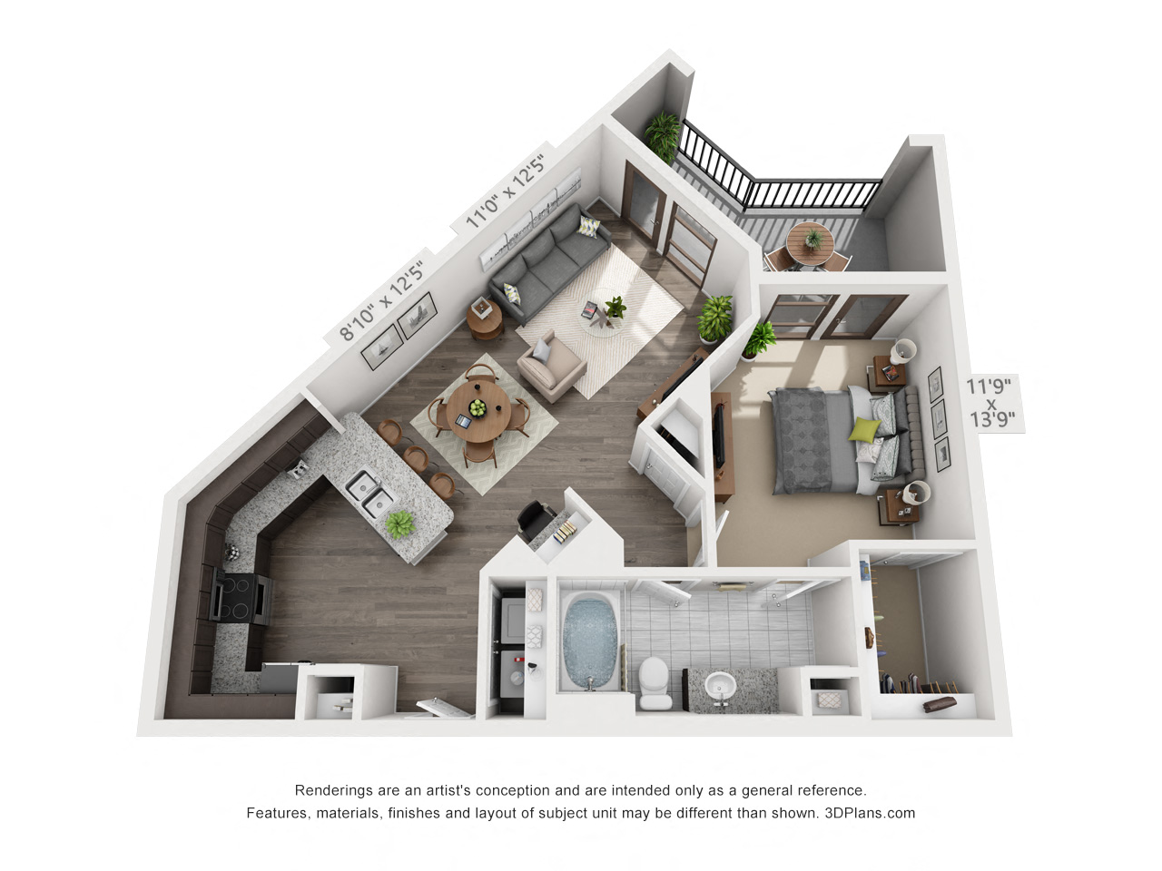Floor plan for 1 bed, 1 bath, 780 sqft