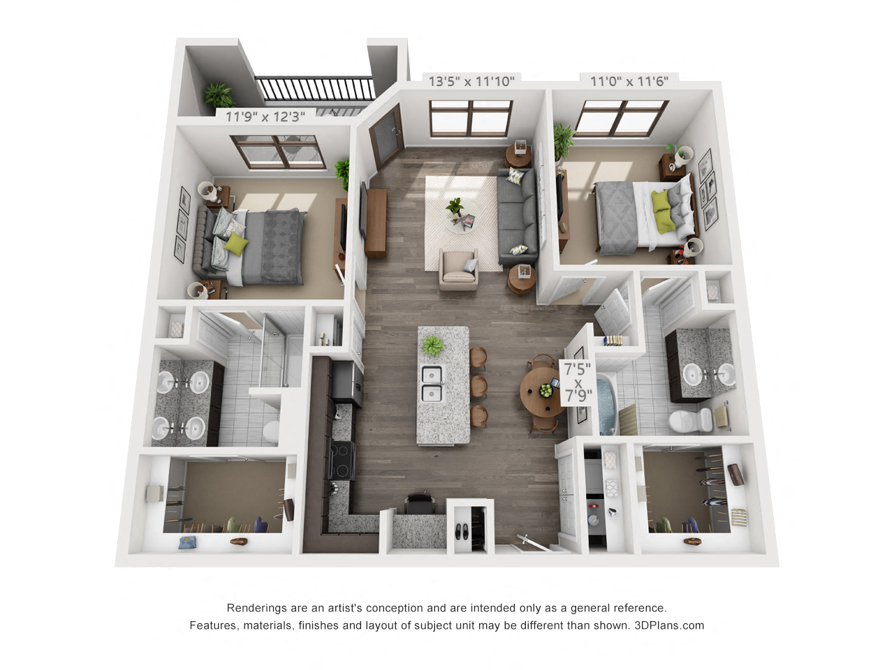 Floor plan for 2 beds, 2 baths, 1098 sqft