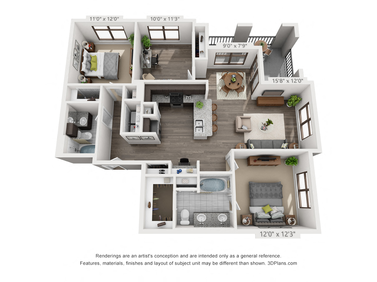 Floor plan for 3 beds, 2 baths, 1288 sqft