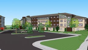 River Falls apartment for rent - A drawing of a street with apartment buildings on either side.