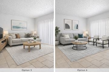 Kenneth City apartment for rent - Two images of a living room with different furniture arrangements.