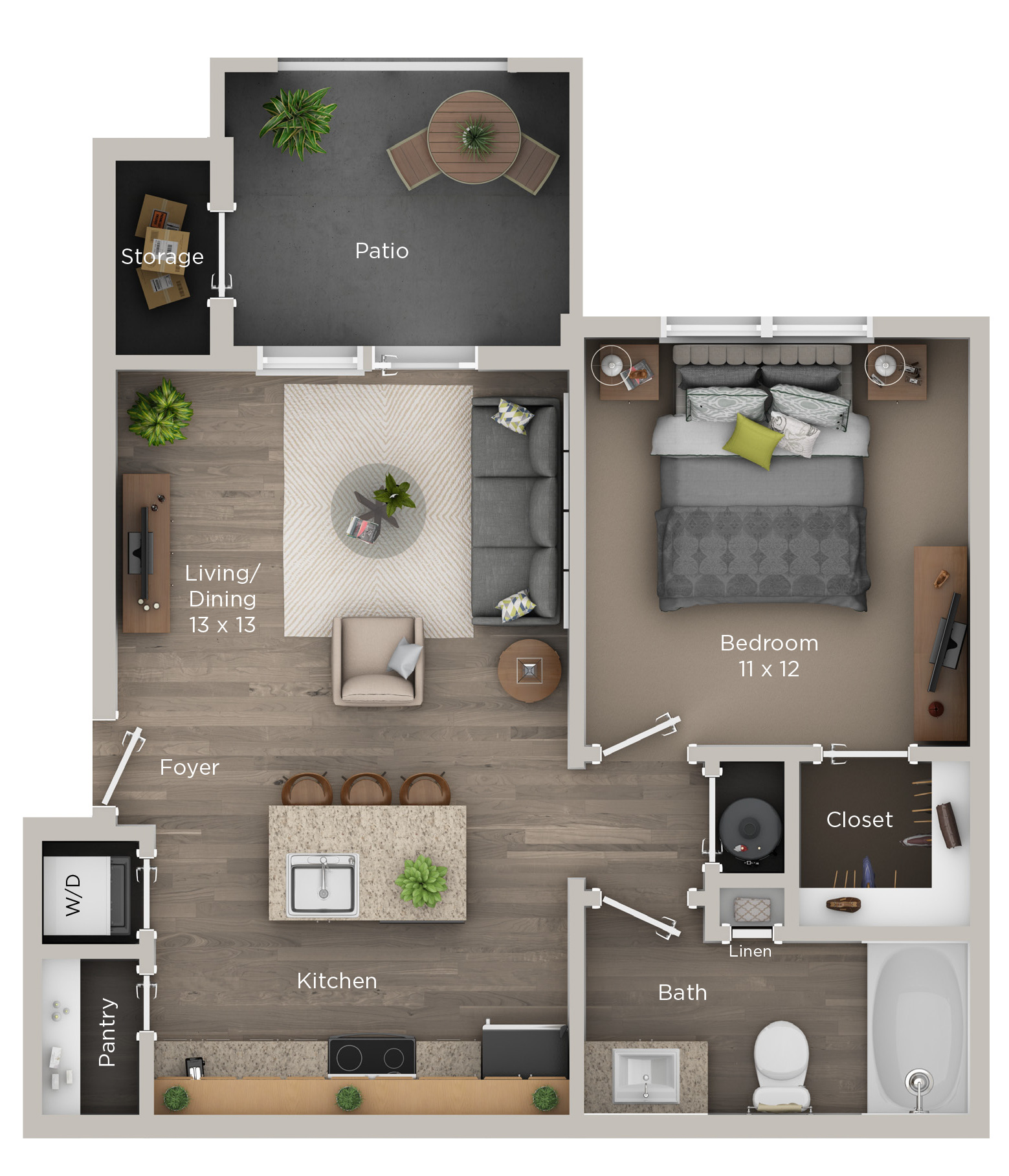 Floor plan for 1 bed, 1 bath, 598 sqft