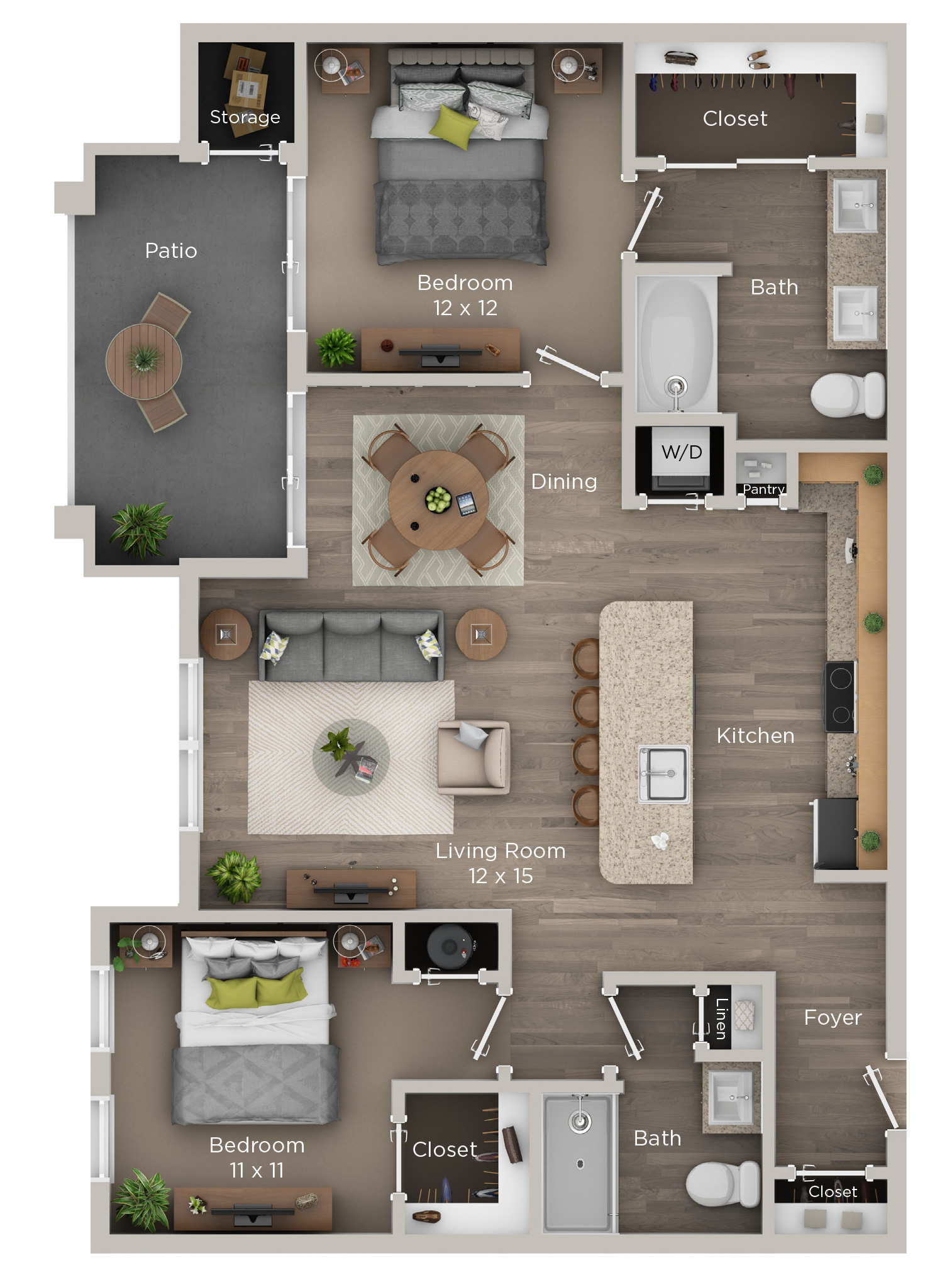 Floor plan for 2 beds, 2 baths, 1087 sqft