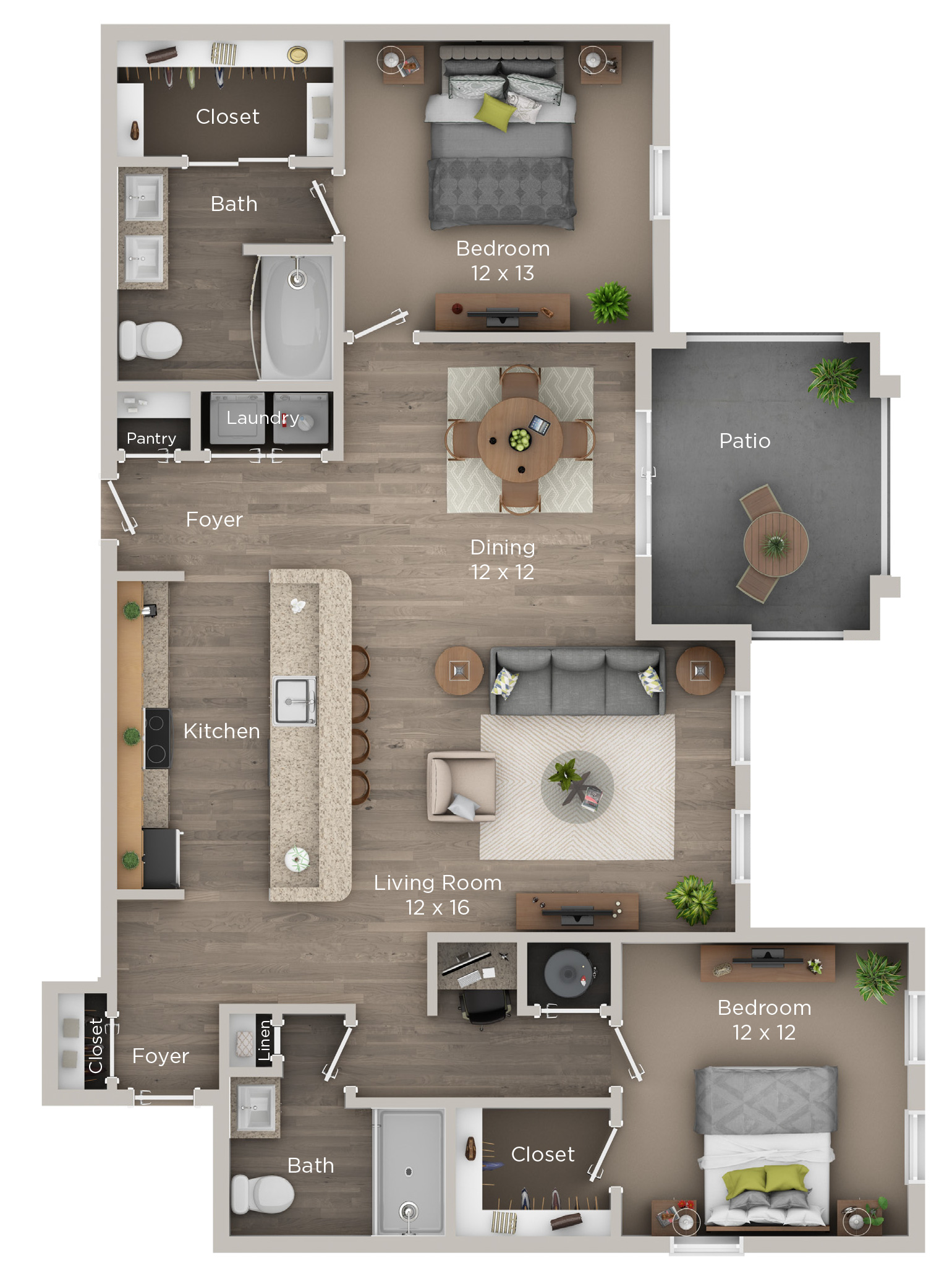 Floor plan for 2 beds, 2 baths, 1277 sqft