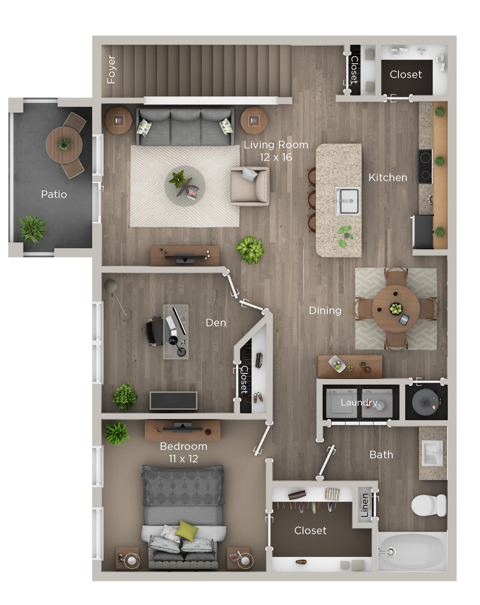Floor plan for 2 beds, 1 bath, 952 sqft