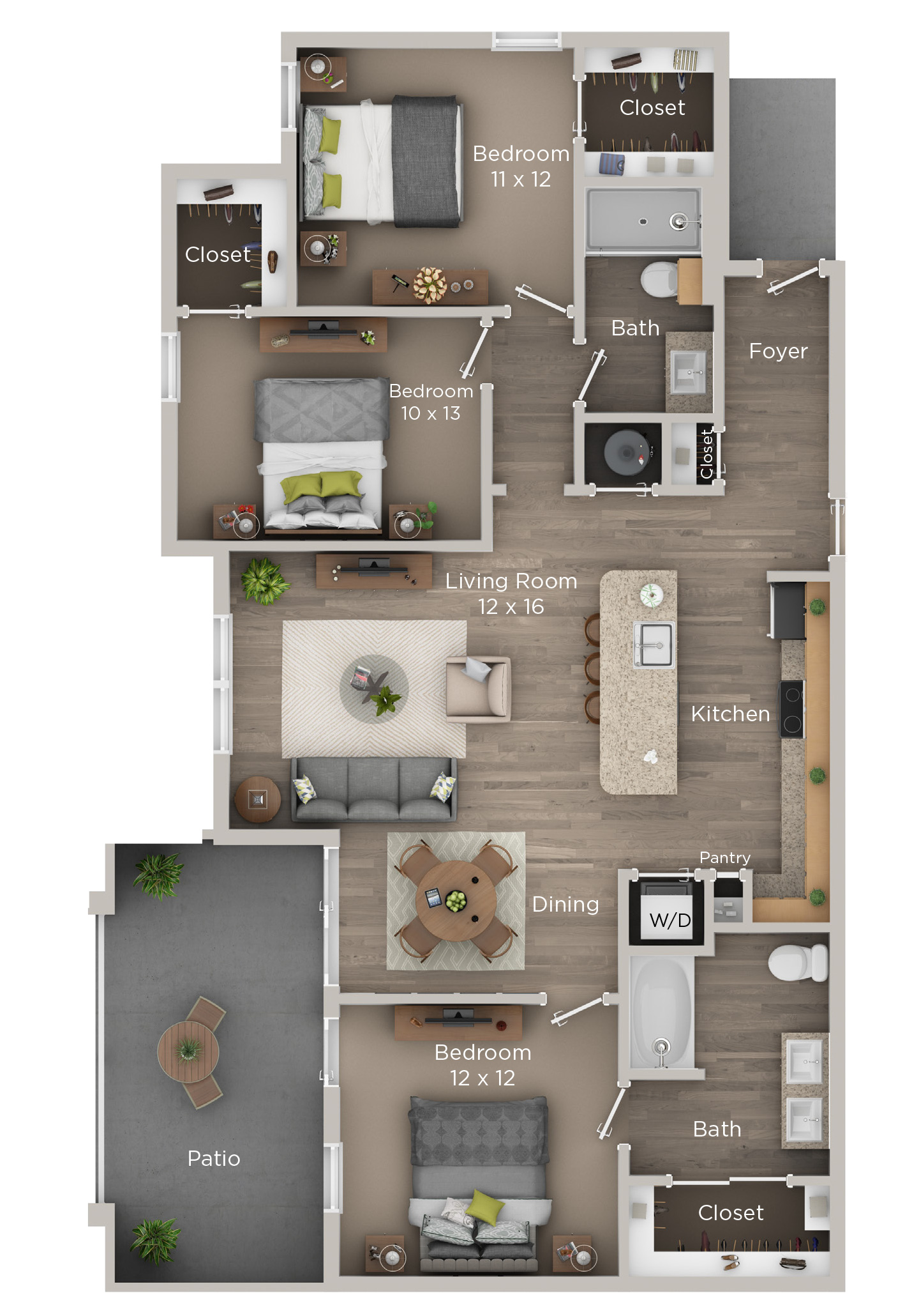Floor plan for 3 beds, 2 baths, 1305 sqft