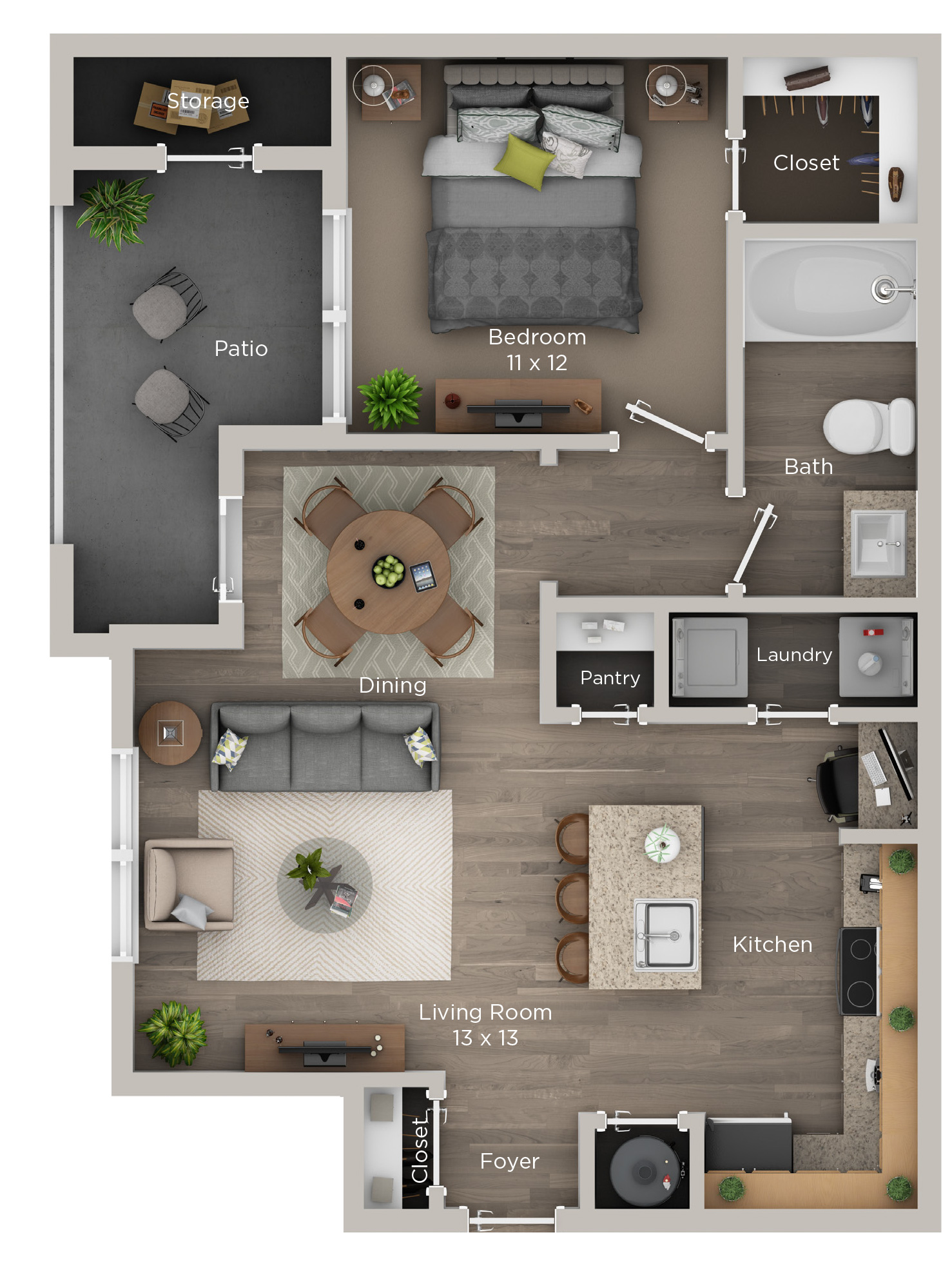 Floor plan for 1 bed, 1 bath, 725 sqft