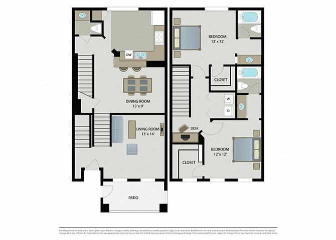 Floor plan for 2 beds, 2.5 baths, 1301 sqft