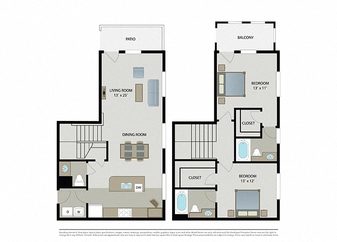 Floor plan for 2 beds, 2.5 baths, 1117 sqft