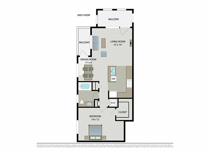Floor plan for 1 bed, 1 bath, 796 sqft