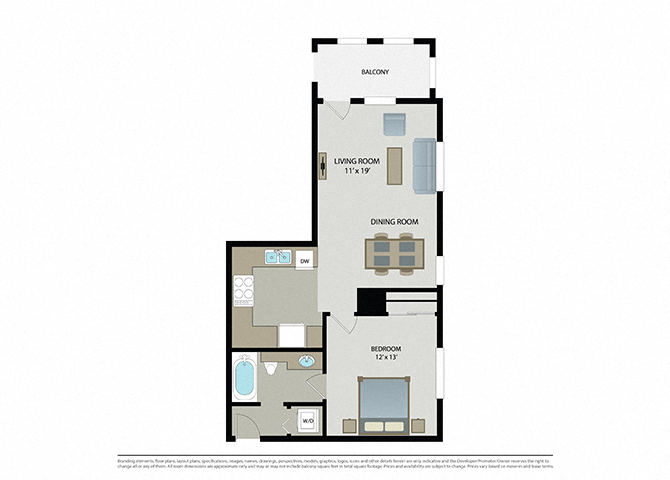 Floor plan for 1 bed, 1 bath, 589 sqft