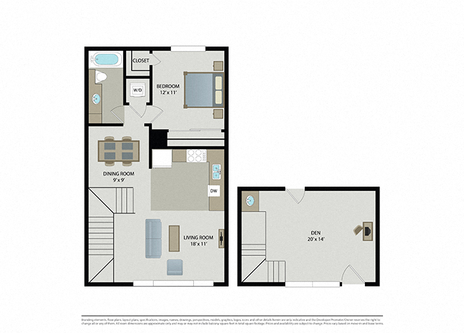 Floor plan for 1 bed, 1 bath, 929 sqft