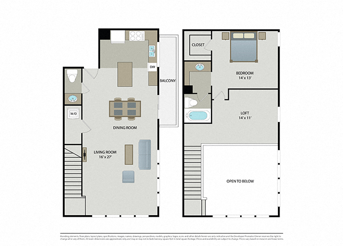 Floor plan for 1 bed, 1.5 baths, 1201 sqft