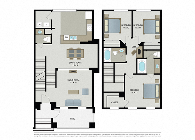 Floor plan for 3 beds, 2.5 baths, 1438 sqft