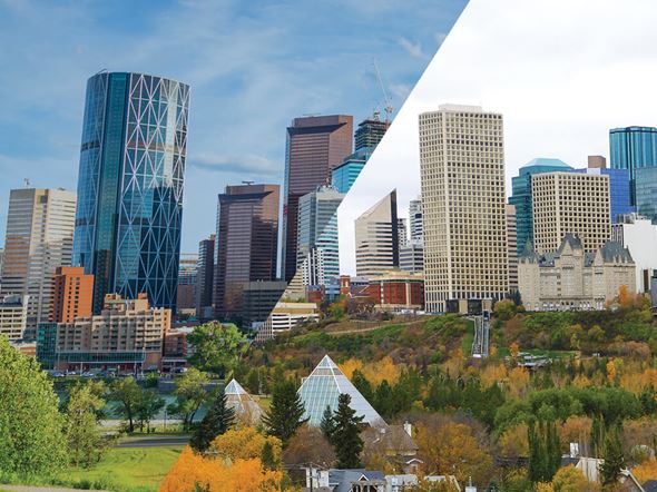 Calgary condo for rent - A cityscape with a mix of modern and traditional architecture.