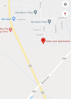 Bay City apartment for rent - A map shows the location of Holly Lane Apartments in relation to nearby streets and other points of interest.
