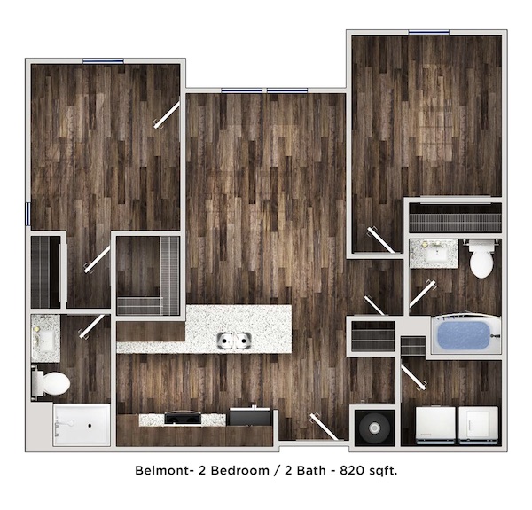 Floor plan for 2 beds, 2 baths, 815 sqft