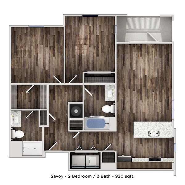 Floor plan for 2 beds, 2 baths, 920 sqft